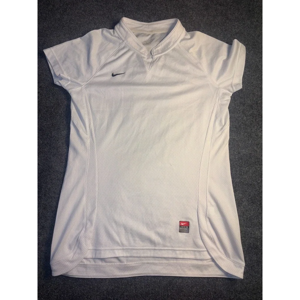Nike Jersey Womens S/M White Mesh Stretch Embroidered Logo High Low Split V Neck